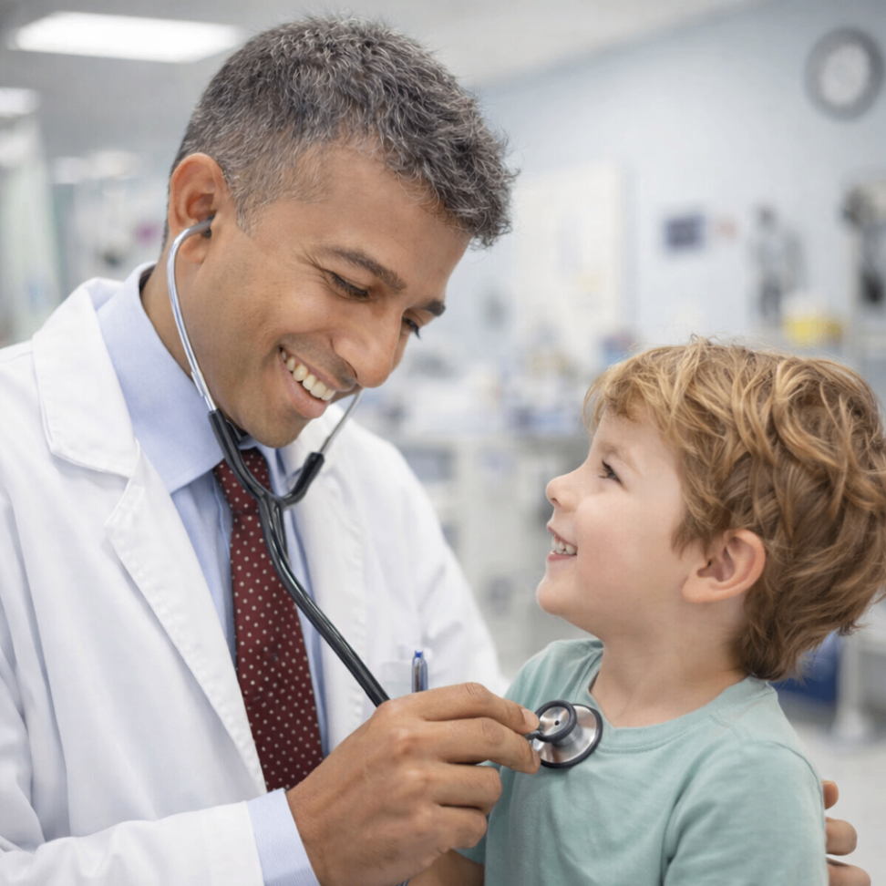 Paediatrician using stethoscope during child health check at private clinic Belfast