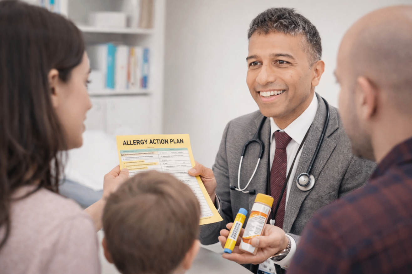 Dr Mugilan Anandarajan reviewing an allergy action plan with a family, Belfast Children's Clinic