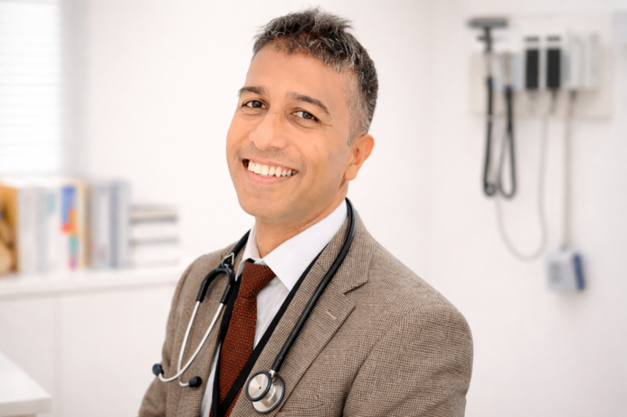 Dr Mugilan Anandarajan in consultation room, private paediatric clinic Belfast